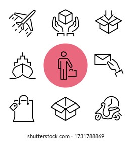 Delivery and shipping icons. Thin line Icons Set consisting of Airplane, Box, Arrow, Steamboat, Courier, Man, Bag, Mail, Hand, Luggage, Delivery, Time. Outline Delivery icons. Editable stroke icon