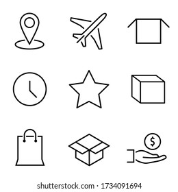 Delivery and shipping icons. Thin line Icons Set consisting of Map Pin, Airplane, Box, Time, Globe, Paper Bag, Hand, Money, Delivery. Outline Delivery icons. Editable stroke icon