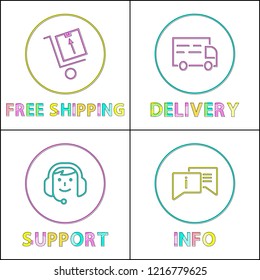 Delivery and shipping information support minimalistic framed icons set in linear style with cuyline on white backdrop. Glyph for e-commerce or retail.