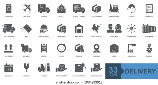 Entrega, envío, logística mínima línea delgada, sólida, glifo, color, juego de iconos web rellenos. Colección de iconos de esquema. Ilustración vectorial simple.