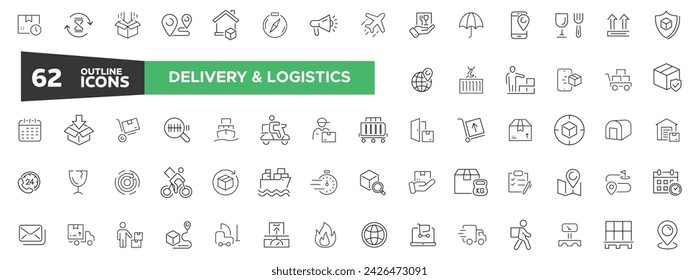 Delivery, shipping, logistics - minimal thin line web icon set. Outline icons collection. order tracking, delivery home, warehouse, truck, scooter, courier and cargo icons.