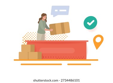 Lieferung Versand Pick-up-Punkt innerhalb Frau Charakter geben Paket Paket Box Vektor moderne grafische Illustration, E-Commerce-Bestellung Pick-up Sammlung Post Verteilung Service