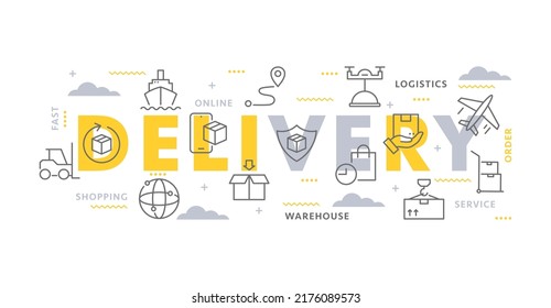 Delivery and shipping service concept. Vector illustration of parcel delivery, online order tracking, logistics with icons and text for app, web design, marketing, banner. Fast delivery service