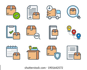 Delivery and Shipping service related vector line color icons. Package and Logistics outline colorful icon set.