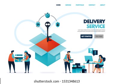 Delivery or shipping services for e-commerce business & company. Deliver document & goods. key for Security in box delivery and 5 star for satisfaction rating. Illustration for website, mobile, poster