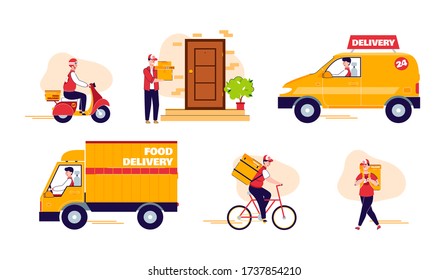 Equipo de entrega y envío con vehículos, ilustración plana vectorial aislada.