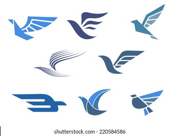 Delivery and shipping symbols with abstract stylized flying bird isolated on white, for fast delivering concept design