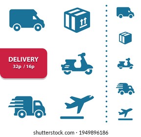 Delivery, Shipping, Transportation Icons. Professional, pixel perfect icons, EPS 10 format, optimized for 32p and 16p