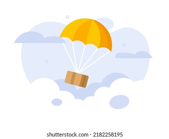 Delivery shipping via parachute as air mail drop icon vector flat, package box parcel flying in sky distribution simple modern cartoon design graphic on white background, airdrop express shipment