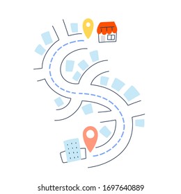 Delivery from shop, cafe to apartment, vector hand drawn doodle illustration of street, City map navigation route, point marker for delivery, city navigation, itinerary destination arrow city map