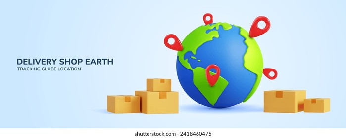 Delivery shop Earth. Tracking globe location, internet world, map global bubble 3D, pinpoint, products market, parcel, packing logistic. World map with pins. Web banner template. Vector navigation