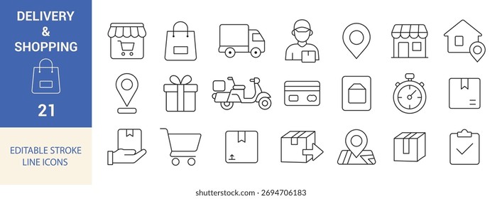 Conjunto de iconos de línea editable de entrega y compras. Símbolos de mensajería, paquetería, Locación y tienda en línea