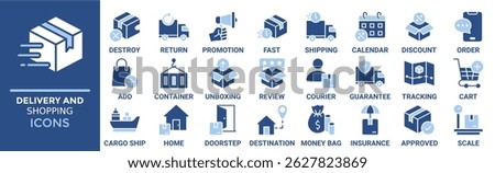 Delivery and Shopping icon set. Containing destroy, return, promotion, fast, shipping, calendar, discount and more. Solid vector icons collection