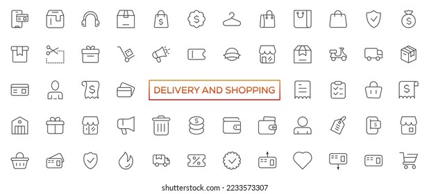 Delivery and shopping line icons collection. Big UI icon set. Thin outline icons pack