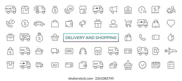 Delivery and shopping line icons collection. Big UI icon set. Thin outline icons pack