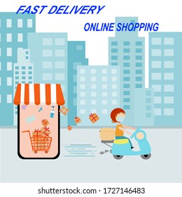Delivery shopping online by motorcycle and bike man.vector illustration 