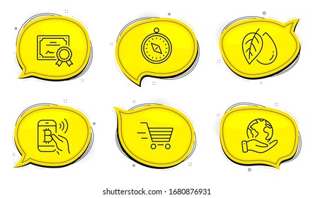 Delivery shopping sign. Diploma certificate, save planet chat bubbles. Bitcoin pay, Mineral oil and Travel compass line icons set. Mobile payment, Organic tested, Trip destination. Vector