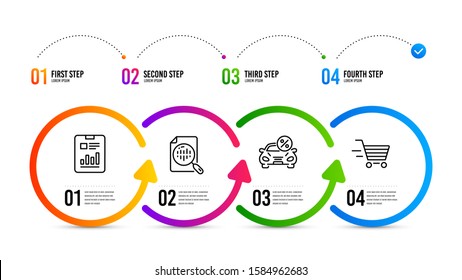 Delivery shopping sign. Infographics timeline. Analytics chart, Car leasing and Report document line icons set. Report analysis, Transport discount, Page with charts. Online buying. Vector