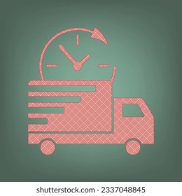 Delivery sign illustration. Apricot Icon with Brick Red parquet floor graphic pattern on a Ebony background. Feldgrau. Green. Illustration.