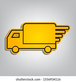 Delivery sign illustration. Flat orange icon with overlapping linear black icon with gray shadow at whitish background. Illustration.