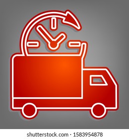 Delivery sign illustration. Flat red icon with linear white icon with gray shadow at grayish background. Illustration.