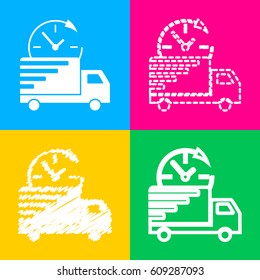 Delivery sign illustration. Four styles of icon on four color squares.