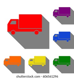 Delivery sign illustration. Set of red, orange, yellow, green, blue and violet icons at white background with flat shadow.