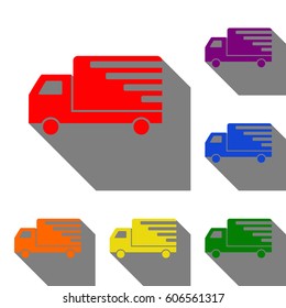 Delivery sign illustration. Set of red, orange, yellow, green, blue and violet icons at white background with flat shadow.