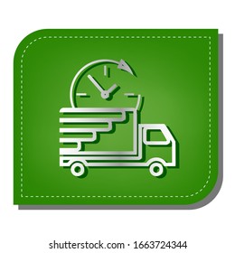 Ilustración del signo de entrega. Icono de línea de gradiente plateado con sombra verde oscuro en hoja verde con parches ecológicos. Ilustración.