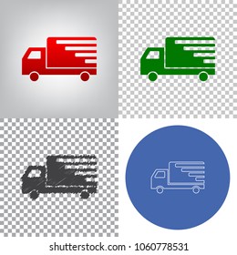 Delivery sign illustration. Vector. 4 styles. Red gradient in radial lighted background, green flat and gray scribble icons on transparent and linear one in blue circle.