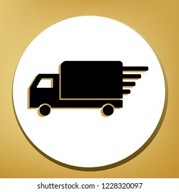 Delivery sign illustration. Vector. Black icon with light brown shadow in white circle with shaped ring at golden background.
