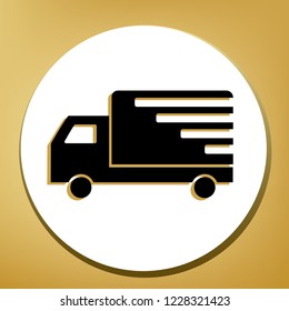 Delivery sign illustration. Vector. Black icon with light brown shadow in white circle with shaped ring at golden background.