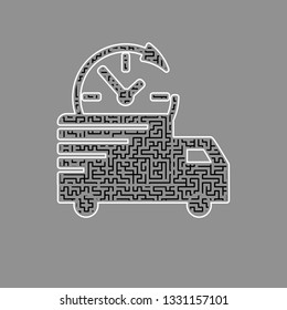 Delivery sign illustration. Vector. Black maze filled icon with white border at gray background.