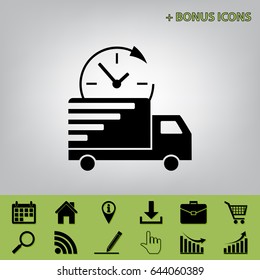 Delivery sign illustration. Vector. Black icon at gray background with bonus icons 