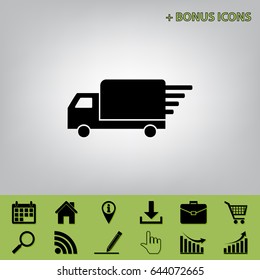 Delivery sign illustration. Vector. Black icon at gray background with bonus icons at celery ones