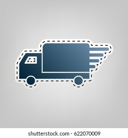 Delivery sign illustration. Vector. Blue icon with outline for cutting out at gray background.