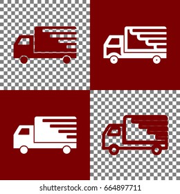 Delivery sign illustration. Vector. Bordo and white icons and line icons on chess board with transparent background.