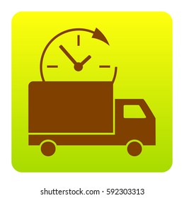 Delivery sign illustration. Vector. Brown icon at green-yellow gradient square with rounded corners on white background. Isolated.