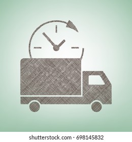 Delivery sign illustration. Vector. Brown flax icon on green background with light spot at the center.