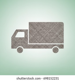 Delivery sign illustration. Vector. Brown flax icon on green background with light spot at the center.