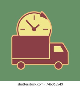 Delivery sign illustration. Vector. Cordovan icon and mellow apricot halo with light khaki filled space at russian green background.