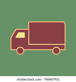 Delivery sign illustration. Vector. Cordovan icon and mellow apricot halo with light khaki filled space at russian green background.