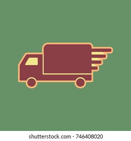 Delivery sign illustration. Vector. Cordovan icon and mellow apricot halo with light khaki filled space at russian green background.