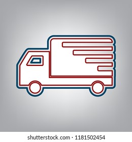 Delivery sign illustration. Vector. Dark red, transparent and midnight green stroke of white icon at grayish background.