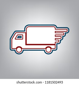 Delivery sign illustration. Vector. Dark red, transparent and midnight green stroke of white icon at grayish background.