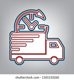 Delivery sign illustration. Vector. Dark red, transparent and midnight green stroke of white icon at grayish background.