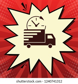 Delivery sign illustration. Vector. Dark red icon in lemon chiffon shutter bubble at red popart background with rays.