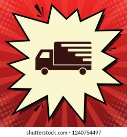 Delivery sign illustration. Vector. Dark red icon in lemon chiffon shutter bubble at red popart background with rays.