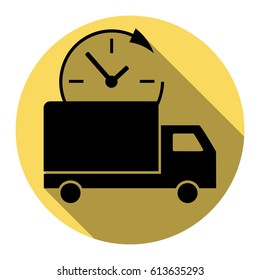 Delivery sign illustration. Vector. Flat black icon with flat shadow on royal yellow circle with white background. Isolated.
