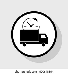 Delivery sign illustration. Vector. Flat black icon in white circle with shadow at gray background.